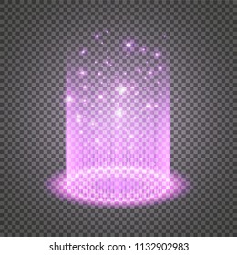Magic portal of fantasy. Futuristic teleport. Light effect. Light rays of the night scene and sparks on a transparent background. Empty light effect of the podium. Disco club of the dance floor.
