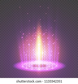 Magic portal of fantasy. Futuristic teleport. Light effect. Light rays of the night scene and sparks on a transparent background. Empty light effect of the podium. Disco club of the dance floor.
