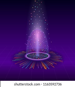 Magic portal of fantasy. Futuristic teleport. Light effect. Colorful dots with sparks on night background. Empty Disco club dance floor.  Scatter Plot elements. Data sorting. Glow effect. Vector. 