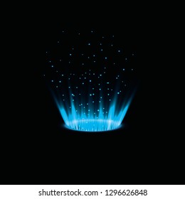 Magic portal of fantasy. Futuristic teleport. Light effect. Rays of light. Night scenes and sparks on a black background. Empty catwalk light effect. Vector graphics.