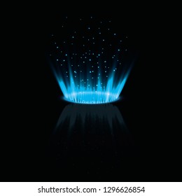 Magic portal of fantasy. Futuristic teleport. Light effect. Rays of light. Night scenes and sparks on a black background. Empty catwalk light effect. Vector graphics.