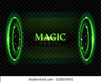 Magic portal, fantasy futuristic teleport with hologram effect. Neon hud toxic green glowing circles, lighting round horizontal funnel for time and space traveling Realistic 3d vector illustration