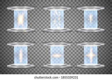 
Magic portal of fantasy. Futuristic teleport. Light effect. Night scene light rays and sparks on a transparent background. Empty podium light effect. Disco dance floor club.