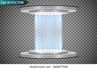 Magic portal of fantasy. Futuristic teleport. Light effect. Night scene light rays and sparks on a transparent background. Empty podium light effect. Disco dance floor club.