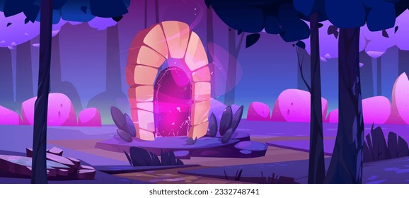 Magic portal in fantasy game forest cartoon background. Enchanted door in dark woods landscape. Mysterious path to gate and adventure fairytale location. Mystic night illustration with trees and rock