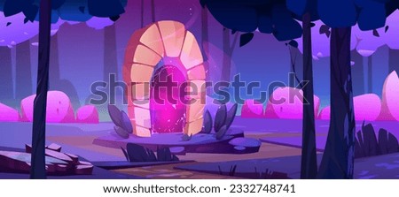 Magic portal in fantasy game forest cartoon background. Enchanted door in dark woods landscape. Mysterious path to gate and adventure fairytale location. Mystic night illustration with trees and rock