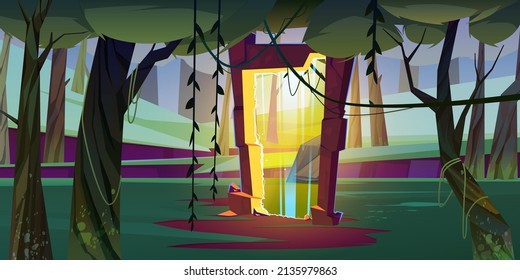 Magic portal in forest or jungle, mysterious landscape background with glowing gate entrance with yellow plasma in deep wood with trees and lianas. Fantasy game scene, Cartoon vector illustration