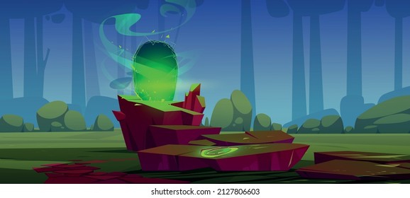 Magic portal in forest on top of stone, mysterious landscape background with glowing gate entrance with green plasma and haze swirls. Fantasy book or computer game scene, Cartoon vector illustration