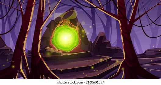 Magic portal in forest on top of stone stairs, mysterious landscape background with trees and glowing gate entrance with green plasma and haze swirls. Fantasy book or game Cartoon vector illustration