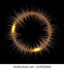 Magic portal from gold circle of energy laser beams with glow light effect vector illustration. Abstract time teleport in space with stars, round luminous wormhole, mystic eye on black background