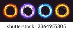 Magic portal light effect set isolated on black background. Vector cartoon illustration of orange, yellow, blue, purple circles with fire, ice, lightning power texture, teleport frame to fantasy world