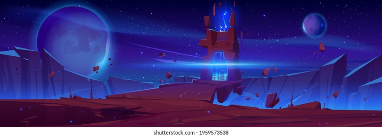 Magic portal on alien planet, space landscape, night fantasy scene with rocks, stone doorway with plasma glow and spheres in dark starry sky. Magical pc game background, Cartoon vector illustration