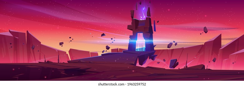 Magic portal on alien planet, space landscape, fantasy scene with rocks, stone doorway with plasma glow. Magical pc game background, Cartoon vector illustration