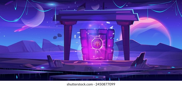 Magic portal on alien planet. Cartoon vector illustration of game or fairy tale space landscape with fantasy stone doorway. Mystic neon glowing gate with bug symbol for time or dimension travel.