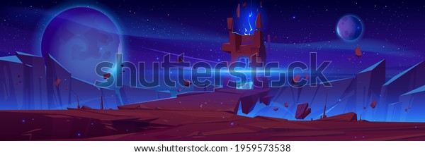 Magic portal on alien planet, space\
landscape, night fantasy scene with rocks, stone doorway with\
plasma glow and spheres in dark starry sky. Magical pc game\
background, Cartoon vector\
illustration