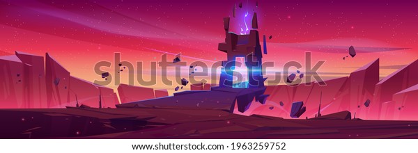 Magic portal on alien planet, space\
landscape, fantasy scene with rocks, stone doorway with plasma\
glow. Magical pc game background, Cartoon vector\
illustration