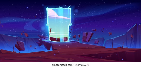 Magic portal on mountain cliff with flying rocks around. Fantastic book or computer game scene, fantasy landscape background with glowing plasmic entrance under starry sky, Cartoon vector illustration