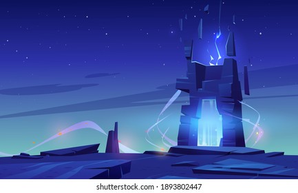 Magic portal on mountain top or alien planet surface, futuristic landscape background with glowing entrance in rock under starry sky. Fantasy book or computer game scene, cartoon vector illustration