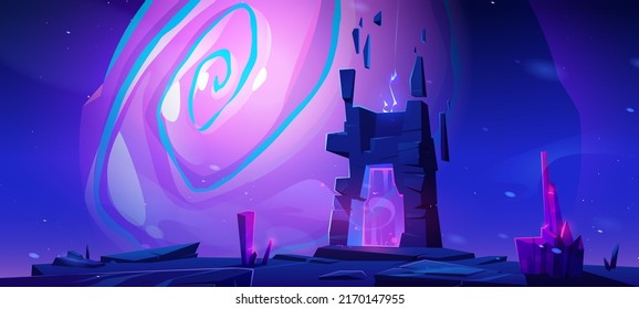 Magic portal on mountain top or alien planet surface. Futuristic landscape background with glowing entrance in rock under starry sky with huge violet vortex. Fantasy scene, Cartoon vector illustration