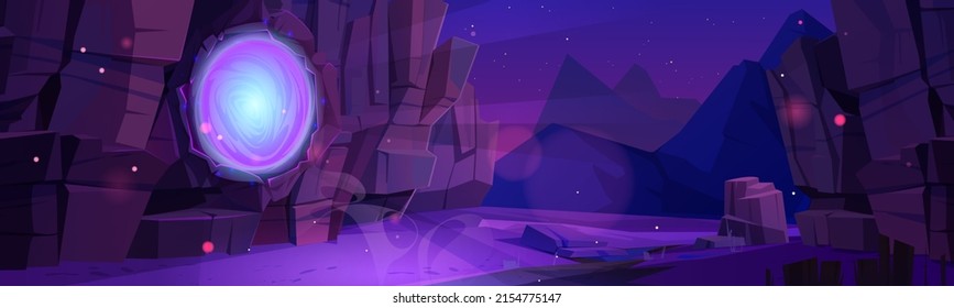 Magic portal on rock wall with mystic purple glow at night. Vector cartoon illustration of fantasy scene with mountain landscape and teleport, energy circle door to alien world