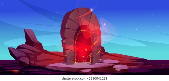 Magic portal on rocky island landscape. Vector cartoon illustration of stone arch on mountain platform, hot lava on ground, burning sparkles glowing in tunnel, road to hell, adventure game background