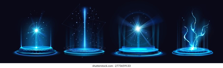  Magic portal podium set with glowing blue light effects. Futuristic hologram platforms with neon beams, sparkles and energy rings. Tech stage designs with cyberpunk aura and digital laser displays.