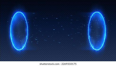 Magic portal, realistic teleport tunnel with sparkles, futuristic glowing blue neon rings. Vector illustration.