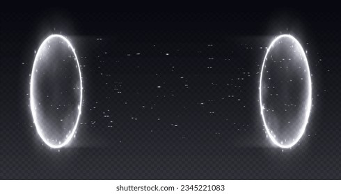 Magic portal, realistic teleport tunnel with sparkles, futuristic glowing white neon rings. Vector illustration.