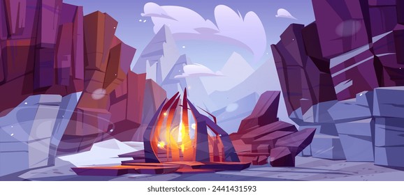 Magic portal in snow winter mountain landscape. Ice range background for fantasy adventure to rock peak. Alpine terrain valley with teleport to alien world. North expedition illustration design