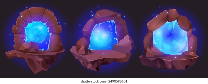 Magisches Portal mit Steintür und blauem Glühwirbel. Cartoon Vektorillustration Set von Fantasy-Spiel und Märchentür. Zauberer teleportieren in mittelalterlicher Szene. Fantastischer Eingang zur Parallelwelt.