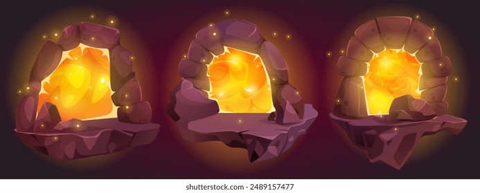 Magic portal with stone doorway and yellow glow vortex. Cartoon vector illustration set of fantasy game and fairytale door. Wizard teleport in medieval scene. Fantastic entrance to parallel world.