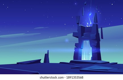 Magic portal in stone frame on desert landscape at night. Vector cartoon fantasy illustration, game background with mystic neon glowing in ancient arch, portal with blue plasma light