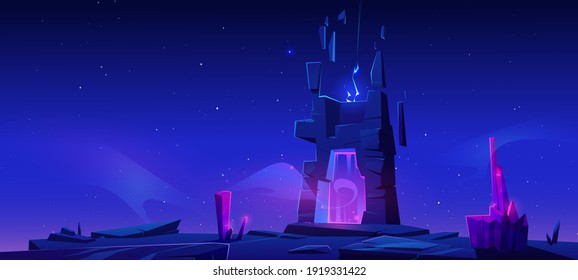 Magic portal in stone frame on mountain at night. Vector cartoon fantasy illustration, game landscape with mystic neon glow in ancient arch, portal with pink plasma light and crystals