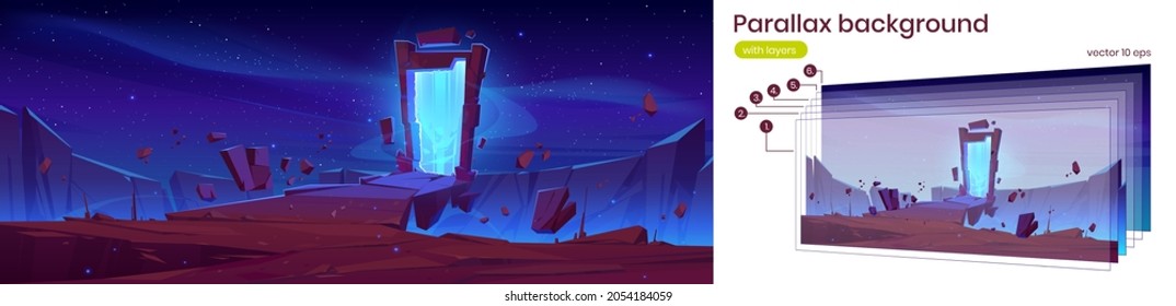 Magic portal in stone frame on mountain landscape at night. Vector parallax background for 2d game animation with cartoon fantasy illustration of ancient arch with mystic blue glow