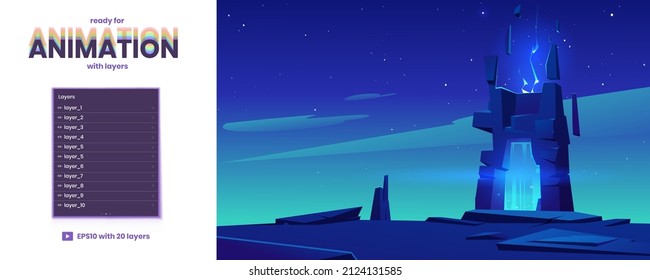 Magic portal in stone frame on rock ledge at night. Vector parallax background ready for 2d animation with cartoon fantasy illustration, game background with mystic blue glowing in ancient arch