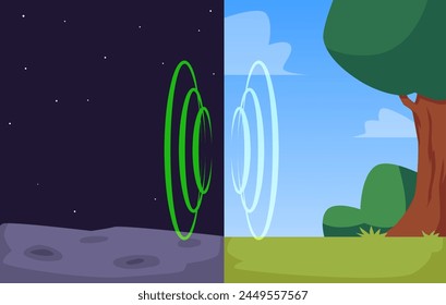 Magic portal or teleport passage from alien space planet to Earth. Concept of travel in time and space dimension, quantum leap. Cartoon vector fantastic illustration, fantasy game