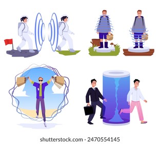 Magic portal or teleport passage. Concept of travel in time and space dimension, quantum leap. Cartoon vector fantastic illustrations set. Astronaut, courier man, mushroom picker, businessman