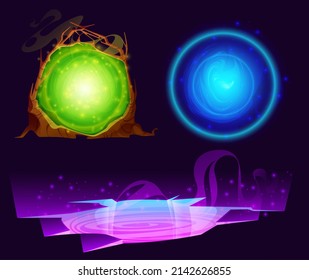 Magic portals to alien world, planet or time. Vector cartoon set of futuristic energy doors, fantasy teleports with sparks and neon glow in wooden arch, hologram circle and crack in ground