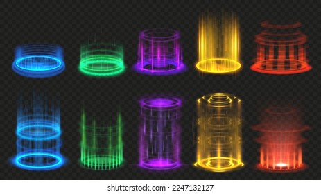 Magic portals. Aura glow effect, vertical teleport portal beam and futuristic light vector illustration set. Colorful holograms with rays and rings, mystery future transportation for game