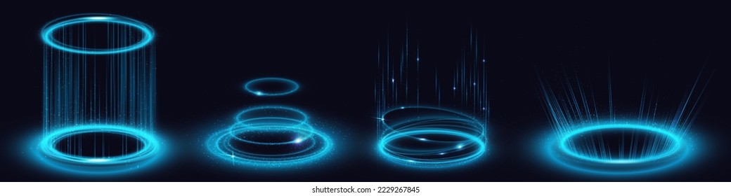 Magic portals, blue light hologram effect, futuristic energy vortex elements. Ski-fi digital hi-tech round frames, in HUD technology style. Teleport, glow gui, ui virtual reality projector, Vector set