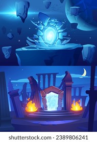 Portales mágicos en diferentes mundos de estilo plano, ilustración vectorial. Decorativo para juegos, arco con vórtice de energía azul brillante, teleportación y viaje
