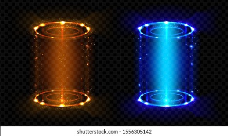 Magic portals, fantasy futuristic teleports with hologram effect set. Neon hud blue and red glowing circles, lighting round funnels for time and space teleportation. Realistic 3d vector illustration