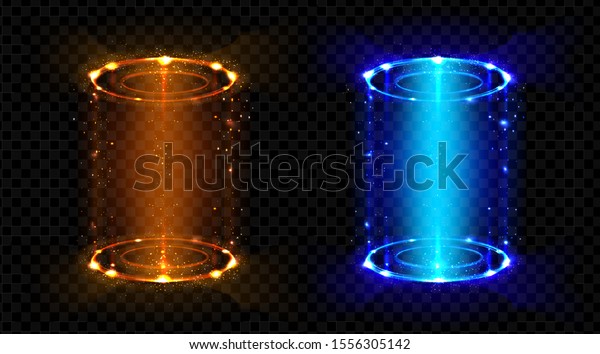 Magic portals, fantasy futuristic teleports\
with hologram effect set. Neon hud blue and red glowing circles,\
lighting round funnels for time and space teleportation. Realistic\
3d vector illustration