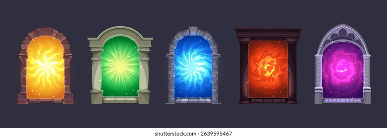 Magic portals. Fantasy game, stone arches, magic effects, medieval castle doors with lighting aura, ancient teleports, mystic gate, architectural elements, tidy vector isolated set