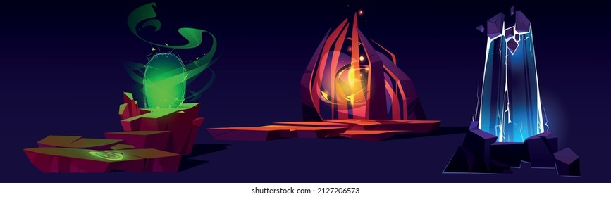 Magic portals, fantasy teleports on alien planet, 2d landscape locations. Game level ui design, flying platforms for jumping, entrance to parallel world with glowing plasma Cartoon vector illustration