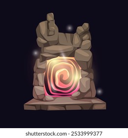 Magic portals with magma and fire flames, flares. Vector isolated leveling up and teleportation gates for game design. Adventures and traveling in space and time. Gateways made of rocks