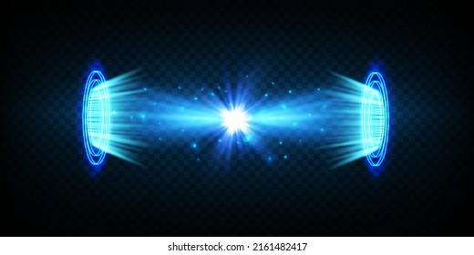Magic portals on the night scene. Blue round holograms with rays of light and sparkles. Glowing futuristic teleport tunnel with copy space on black background
