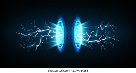 Magic portals on the night scene. Blue round holograms with rays of light and sparkles. Glowing futuristic teleport tunnel with copy space on black background
