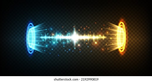 Magic portals on the night scene. Blue and gold round holograms with rays of light and sparkles. Glowing futuristic teleport tunnel with copy space on black background.