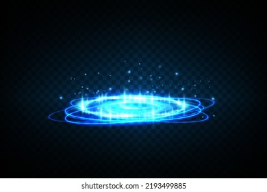 Magic portals on the night scene. Blue round holograms with rays of light and sparkles. Glowing futuristic teleport tunnel with copy space on black background
